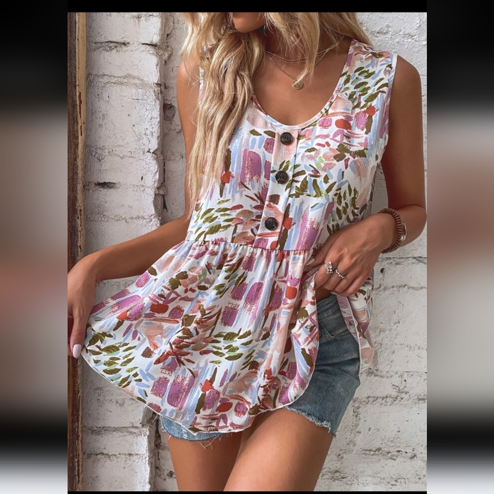 Cute faux button loose fitting tank flowy design size Large shein